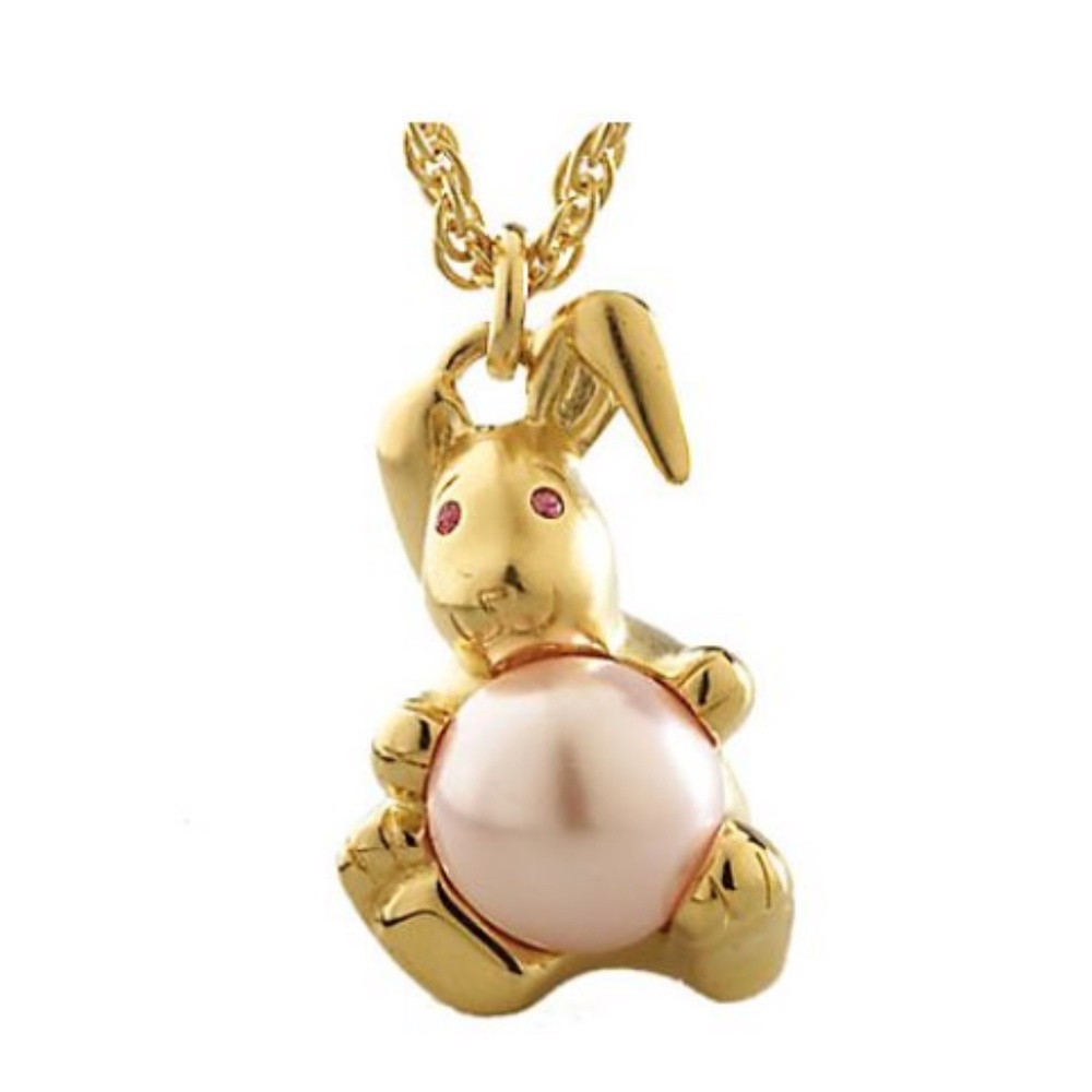 Joan Rivers Bunny Pendant/30" Gold Tone Chain/Pink Pearl Tummy/White Pearl Tail